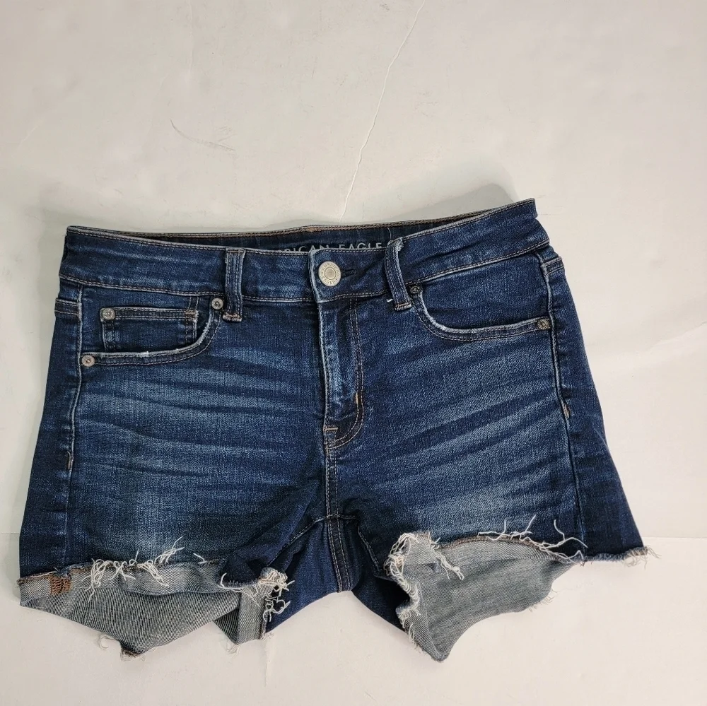 American Eagle Denim Shorts Sz 8 Shortie Dark Wash Super Stretch